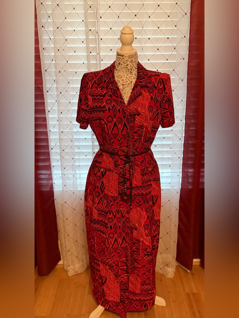Red Positive Attitude Geometric Print Shirt Dress with Tie Waist (159)